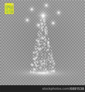 Christmas Tree made, White glitter bokeh lights and sparkles. Shining star, sun particles and sparks with lens flare effect on transparent background. Christmas Tree made, White glitter bokeh lights and sparkles. Shining star, sun particles and sparks with lens flare effect on transparent background. Vector