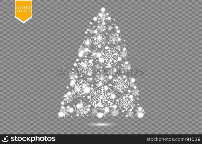 Christmas Tree made, White glitter bokeh lights and sparkles. Shining star, sun particles and sparks with lens flare effect on transparent background. Christmas Tree made, White glitter bokeh lights and sparkles. Shining star, sun particles and sparks with lens flare effect on transparent background. Vector