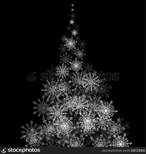 Christmas tree made with snowflakes stream in the darkness