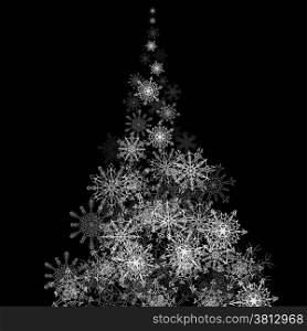 Christmas tree made with snowflakes stream in the darkness