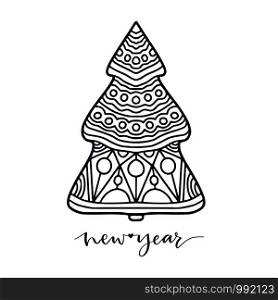 Christmas Tree. New Year line art decoration. Coloring book page for adult or kids. Line art greeting card design. Vector new year tree illustration. Christmas Tree. New Year line art decoration. Coloring book page for adult or kids. Line art greeting card design. Vector new year tree illustration.