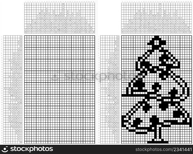 Christmas Tree Nonogram Pixel Art, Festival Decorated Christmas Tree Icon Vector Art Illustration, Logic Puzzle Game Griddlers, Pic-A-Pix, Picture Paint By Numbers, Picross