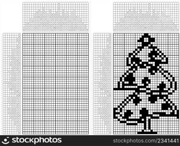 Christmas Tree Nonogram Pixel Art, Festival Decorated Christmas Tree Icon Vector Art Illustration, Logic Puzzle Game Griddlers, Pic-A-Pix, Picture Paint By Numbers, Picross