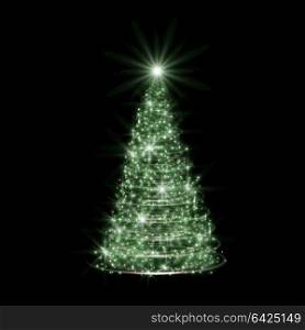 Christmas tree on night holiday background , shiny and bright explosion. Night sky with stars and fireworks in vector
