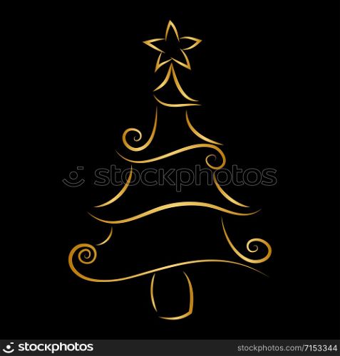 Christmas tree outline in golden color isolated on black background. stylized fir tree with a decorative element . Line holiday element doodle Hand-drawn artistic curly shape pine tree