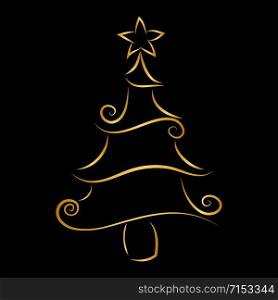 Christmas tree outline in golden color isolated on black background. stylized fir tree with a decorative element . Line holiday element doodle Hand-drawn artistic curly shape pine tree