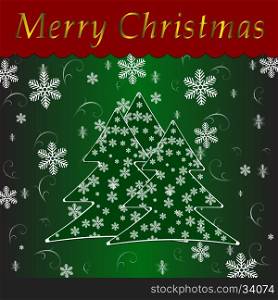 christmas tree over green background. Happy New Year card with Christmas tree over green background