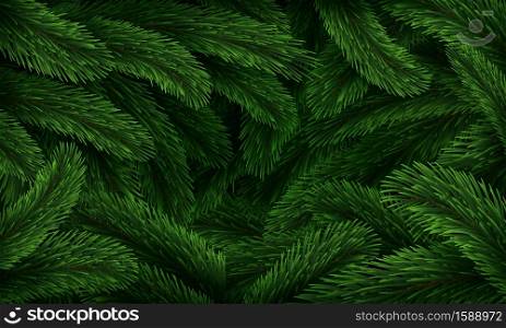 Christmas tree pattern. Realistic fir branches green texture poster, Xmas winter forest closeup background, new year holiday conifer tree branch nature botanical banner vector horizontal illustration. Christmas tree pattern. Realistic fir branches green texture poster, Xmas winter forest closeup background, new year holiday conifer tree branch banner vector pine illustration