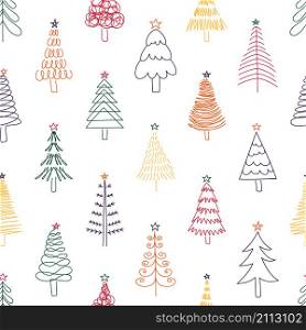 Christmas tree pattern. Seamless doodle linear fir tree for wrapping present paper and greeting postcards. Vector spruce tree print seasonal patterns graphics holiday winter. Christmas tree pattern. Seamless doodle linear fir tree for wrapping present paper and greeting postcards. Vector spruce tree print