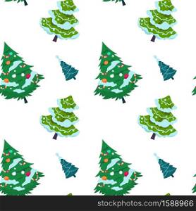 Christmas tree pattern. Seamless print of New Year fir and spruce decorated with garlands and snow. Winter evergreen plant template for textile, holiday wrapping paper. Vector conifers background. Christmas tree pattern. New Year fir and spruce seamless print. Winter evergreen plant decorated with garlands. Holiday wrapping paper, template for textile. Vector conifers background