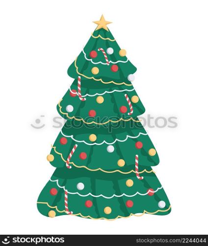 Christmas tree semi flat color vector object. Full sized item on white. Interior item. Part of house arrangement simple cartoon style illustration for web graphic design and animation. Christmas tree semi flat color vector object