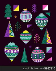 Christmas tree set vector. Christmas toy icons, xmas balls for banner, poster, design. Fir collection in hadraw style.. Christmas tree set vector. Christmas toy icons, xmas balls for banner, poster, design.