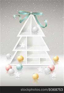 Christmas tree shelves with decorations over snowy background. Christmas tree shelves with decorations