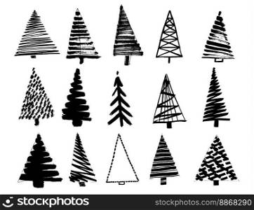 Christmas Tree Sketch Set Isolated on White Background. Vector Illustration.