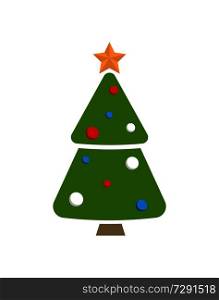 Christmas tree topped by golden star and decorated by colorful balls vector illustration of spruce winter holidays symbol icon isolated on white. Christmas Tree Topped by Golden Star and Decorated