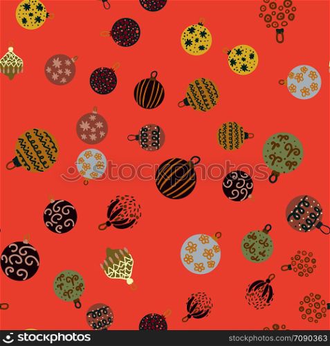 Christmas tree toys seamless pattern. Christmas balls on coral background. Flat style illustration. Greeting card, poster, design element. . Christmas tree balls seamless pattern on coral background