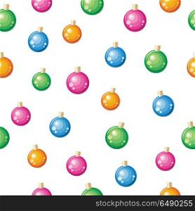 Christmas Tree Toys Seamless Pattern Vector. Christmas toys vector seamless pattern. Multicolor balls to decorate Christmas tree on winter holidays on white background. Flat design. For gift wrapping, greeting cards, invitations printings design