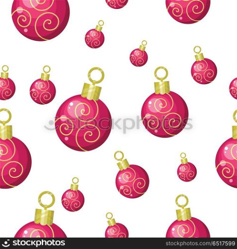 Christmas Tree Toys Seamless Pattern Vector. Christmas toys vector seamless pattern. Red balls to decorate Christmas tree on winter holidays on white background. Flat design. For gift wrapping, greeting cards, invitations, printings design
