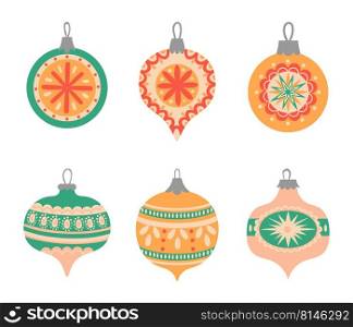 Christmas tree toys. Xmas holiday cartoon decoration for fir tree in different shapes and colors. Winter new year decor set with ornament isolated on white. Traditional forms collection vector. Christmas tree toys. Xmas holiday cartoon decoration for fir tree in different shapes and colors. Winter new year decor set