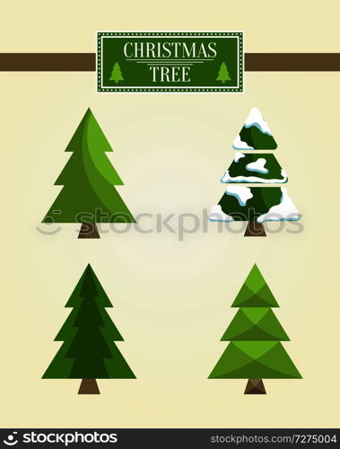 Christmas tree types set of icons, evergreen pine covered with snow, symbolic decoration on winter holidays, isolated on vector illustration. Christmas Tree Types Set, Vector Illustration
