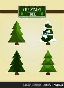 Christmas tree types set of icons, evergreen pine covered with snow, symbolic decoration on winter holidays, isolated on vector illustration. Christmas Tree Types Set, Vector Illustration