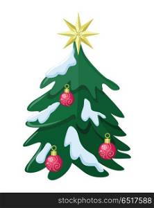 Christmas tree vector. Flat design. Illustration of christmas tree in snow with hung bubble red toys and eight-pointed star on top. Christmas and New Year celebrating. Winter holidays symbol. On white. Christmas Tree Flat Style Vector Illustration . Christmas Tree Flat Style Vector Illustration