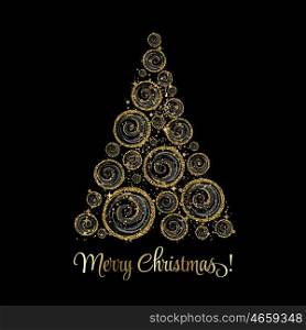 Christmas tree. Vector greeting. Vector illustration gold Christmas tree. Holiday background with baubles