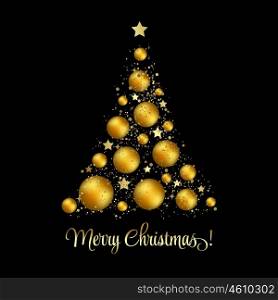 Christmas tree. Vector greeting. Vector illustration gold Christmas tree. Holiday background with baubles and star