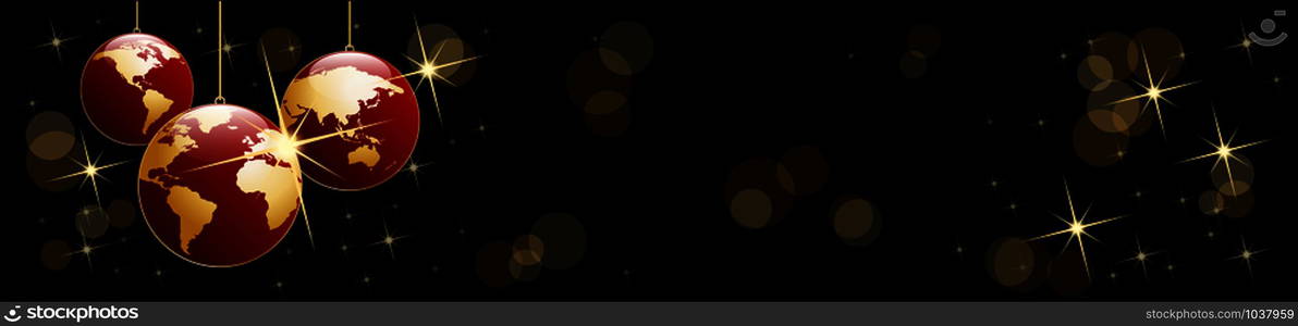 Christmas tree, vector header in black. Balls in the shape of planet earth, background