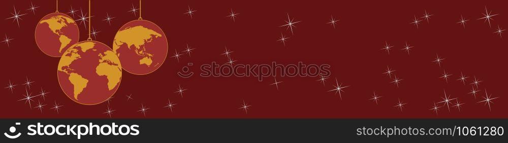 Christmas tree, vector header in red. Balls in the shape of planet earth, background