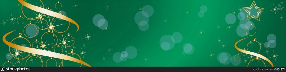 Christmas tree, vector header. Stars with blurry light. Green background with copy space