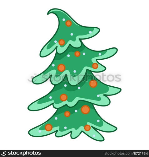 Christmas tree with balls cartoon clip art. Traditional decorated tree for New Year. Tilted green pine tree with illumination isolated vector illustration. Christmas tree with balls cartoon clip art