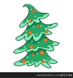 Christmas tree with balls cartoon clip art. Traditional decorated tree for New Year. Tilted green pine tree with illumination isolated vector illustration. Christmas tree with balls cartoon clip art
