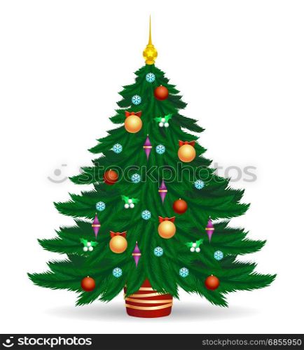 Christmas tree with bright lights. Christmas tree vector illustration. Decorated colorful traditional xmas trees symbol with bright lights and balls isolated on white background