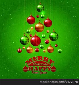 Christmas tree with colorful baubles postcard vector illustration