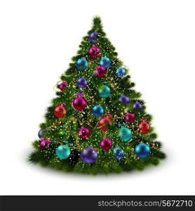 Christmas tree with decoration balls and garlands isolated on white background vector illustration
