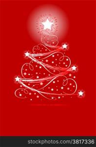 Christmas tree with decorations on red background
