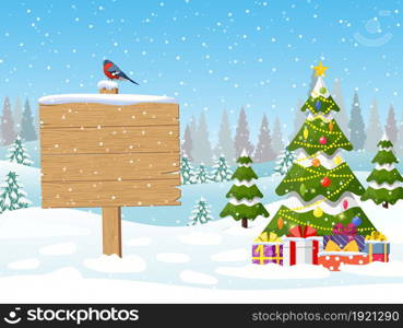 Christmas tree with gift boxes and a wooden signpost with empty copy space, on a snowy background. Merry christmas holiday. New year and xmas celebration. Vector illustration in a flat style. Christmas tree and a wooden signpost