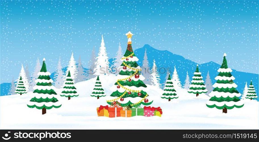 Christmas tree with gift boxes.Merry christmas holiday. New year and xmas celebration. concept for greeting or postal card, vector illustration.