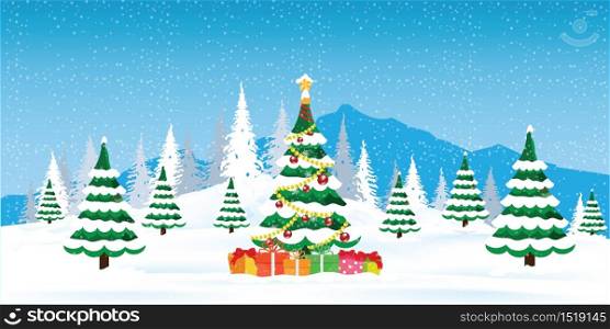 Christmas tree with gift boxes.Merry christmas holiday. New year and xmas celebration. concept for greeting or postal card, vector illustration.
