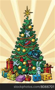 Christmas tree with gifts, pop art retro vector illustration. New year and holidays. Gift boxes under the green tree