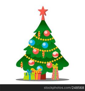 Christmas Tree With Gifts Vector. Merry Christmas And Happy New Year. Illustration. Christmas Tree With Gifts Vector. Merry Christmas And Happy New Year. Isolated Illustration