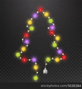 Christmas tree with light garland. Fir-tree shape with multicolor glowing star light bulb vector isolated energy wire modern mockup. Christmas tree with light garland. Fir-tree shape with multicolor glowing star light bulb vector isolated mockup