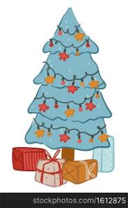 Christmas tree with present boxes, isolated pine decorated with garlands and baubles. Xmas and new year celebration, festive mood and preparation for winter holidays eve. Vector in flat style. Pine tree decorated with garlands and presents vector