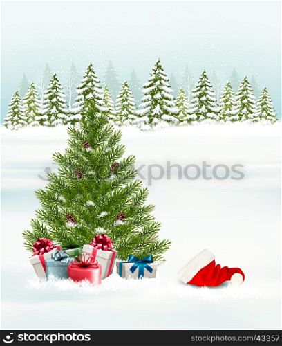 Christmas tree with presents background. Vector.
