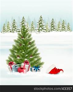 Christmas tree with presents background. Vector.