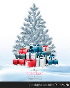 Christmas tree with presents background. Vector