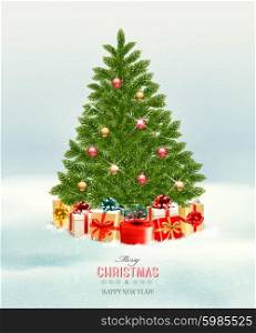Christmas tree with presents background. Vector