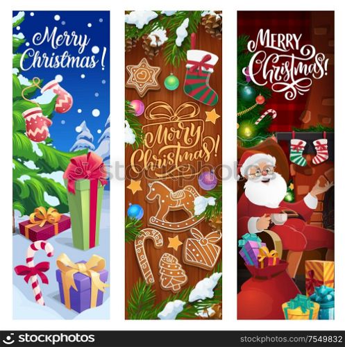 Christmas tree with Santa gifts vector banners. Xmas and New Year winter holiday presents, red bag and ribbons, snow, stars and balls, candies, gingerbread and snowflake, fireplace, socks and lights. Christmas gifts, Santa presents, Xmas tree banners