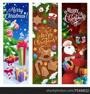 Christmas tree with Santa gifts vector banners. Xmas and New Year winter holiday presents, red bag and ribbons, snow, stars and balls, candies, gingerbread and snowflake, fireplace, socks and lights. Christmas gifts, Santa presents, Xmas tree banners